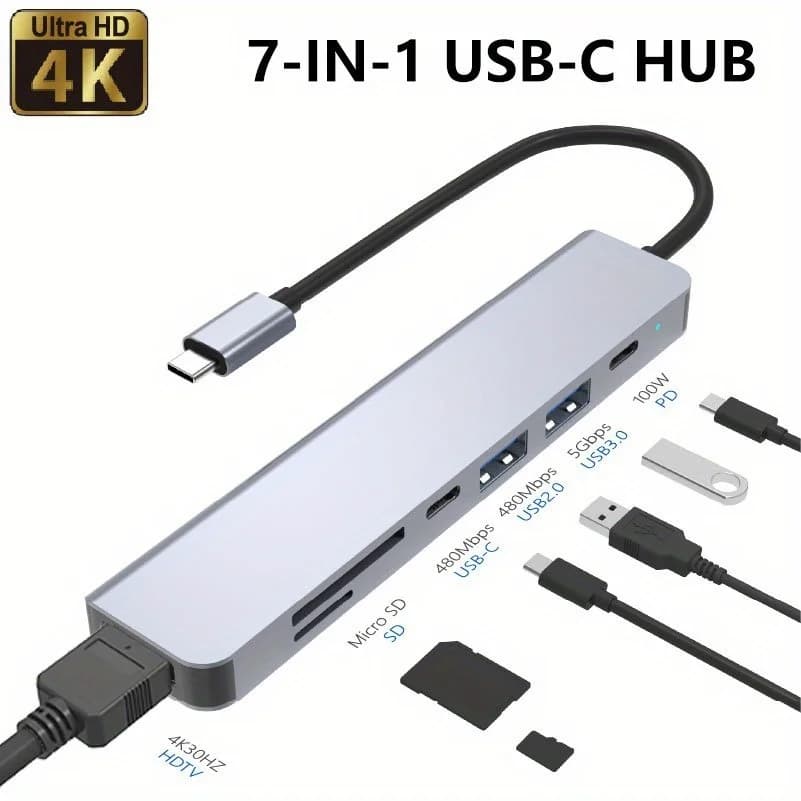 Hub USB-C 7-in-1, HDTV 4K, PD 100W, USB 3.0 5Gbps, USB 2.0, Lettore di Schede SD TF, Adattatore Multiporta
