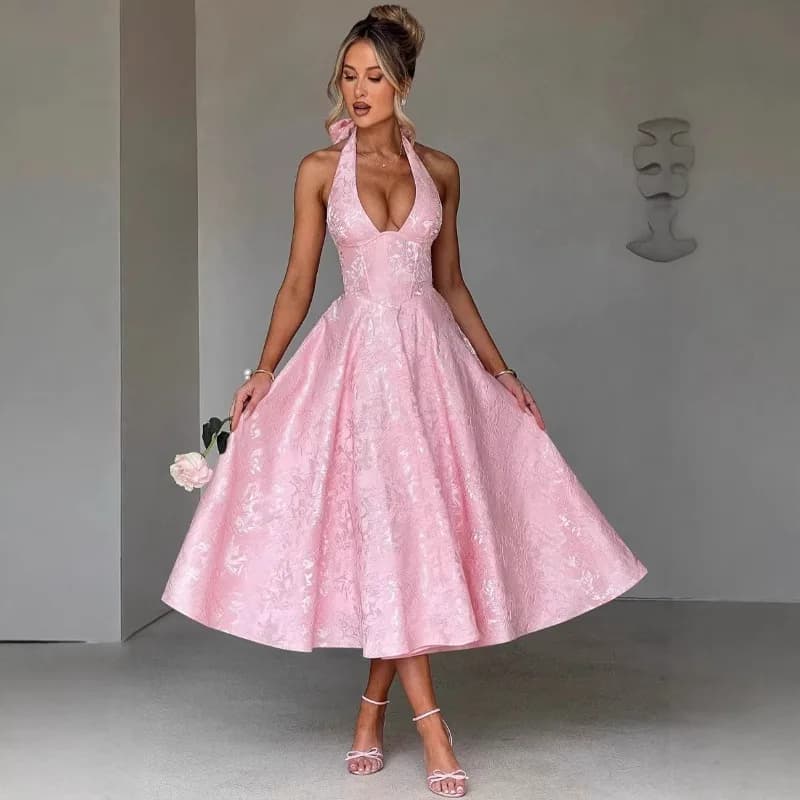 Abito da donna elegante jacquard con scollo a V e allacciatura al collo, senza maniche, senza schienale, a vita sottile, per serate formali, matrimoni e feste - Collezione Primavera Estate 2026