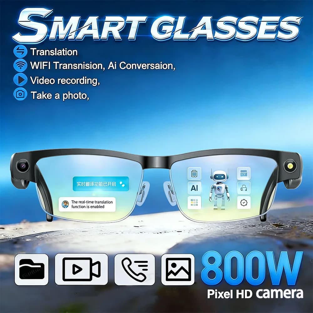 New Smart Glasses AI 2026 with 800W Camera, Video Recording HD Anti-Vibration 1200P, Translation, Vocal Assistant, Music and Calls BT