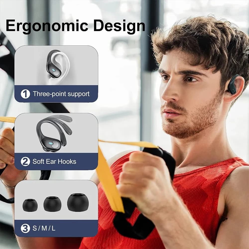 Auricolari Bluetooth Sportivi IPX7 Impermeabili, Cuffie Wireless con 60 Ore di Musica, Microfono, Display LED della Batteria, Gancio Morbido per Orecchio, Auricolari TWS