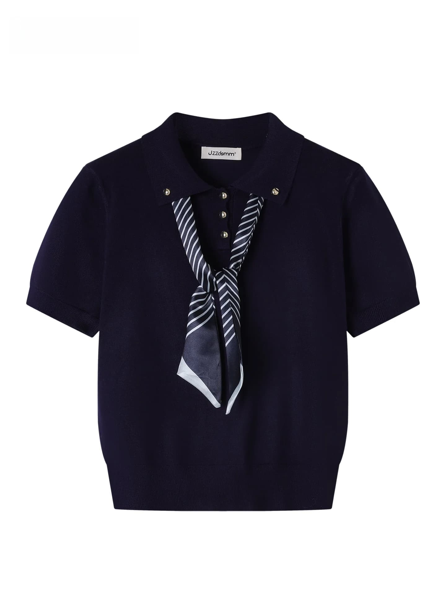 JZZDEMM Silk Scarf Tie Knitted Short Sleeve Slim Fit Waist Cinched Fashionable Vintage Style Women's Top Trendy Commute Wear