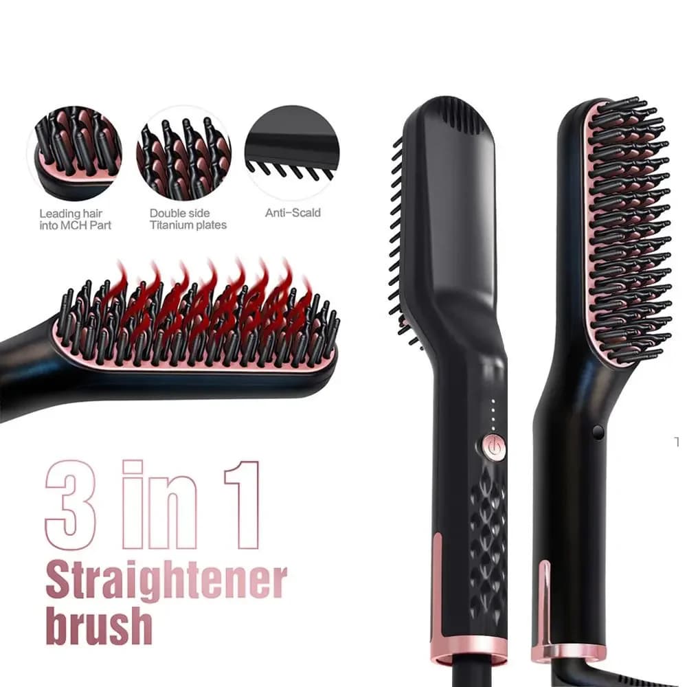 Spazzola Lisciante e Arricciacapelli Elettrica Portatile con Riscaldamento PTC, Styler Rapido per Capelli da Uomo, Pettine in Ceramica Anti-Scottatura