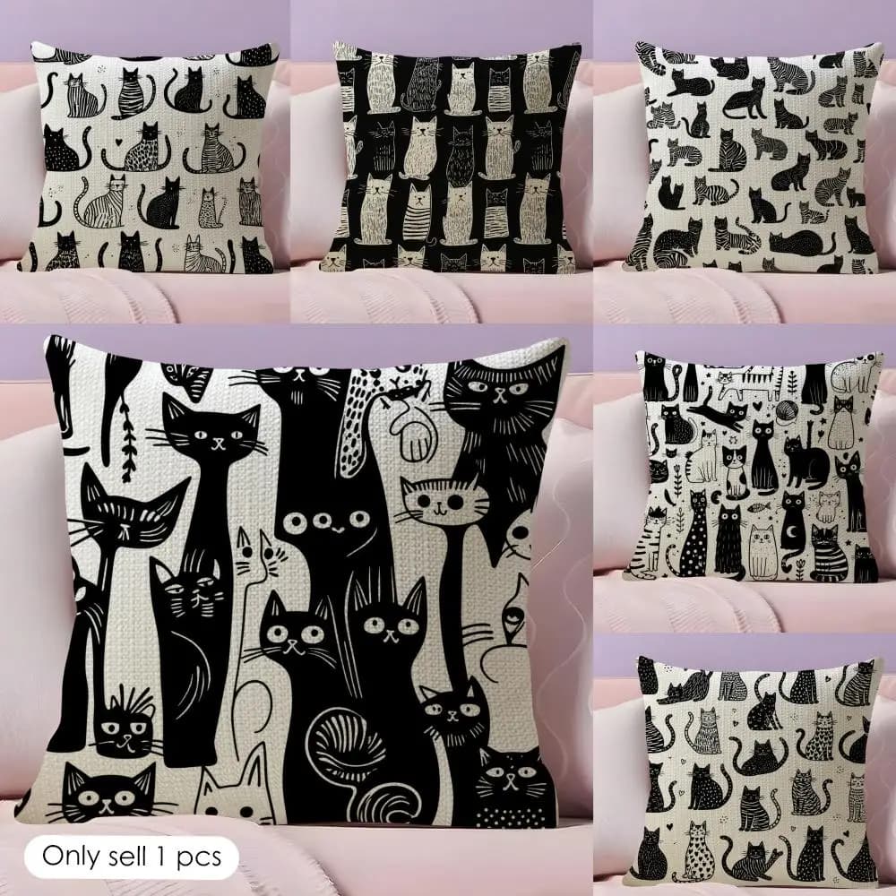 Black and White Art Cat Cushion Cover Natural Linen Pillow Case Double-Sided Print Decorative Sofa Pillowcase Home Decor Gift