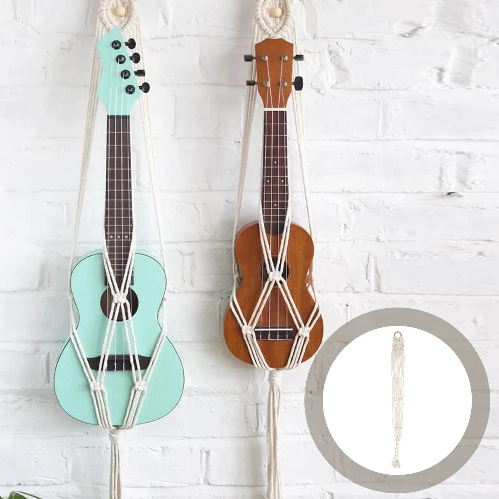 Macrame Woven Ukulele Hanger Cotton Linen Rustic Wall Mount Instrument Holder Handwoven Decorative Storage Bag Guitar Storage