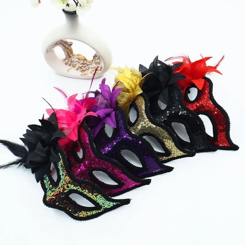 1pc Feather Mask Handheld Side Flower With Stick Masquerade Mask Venice Princess Mardi Gras Halloween Mask Clothing Decoration