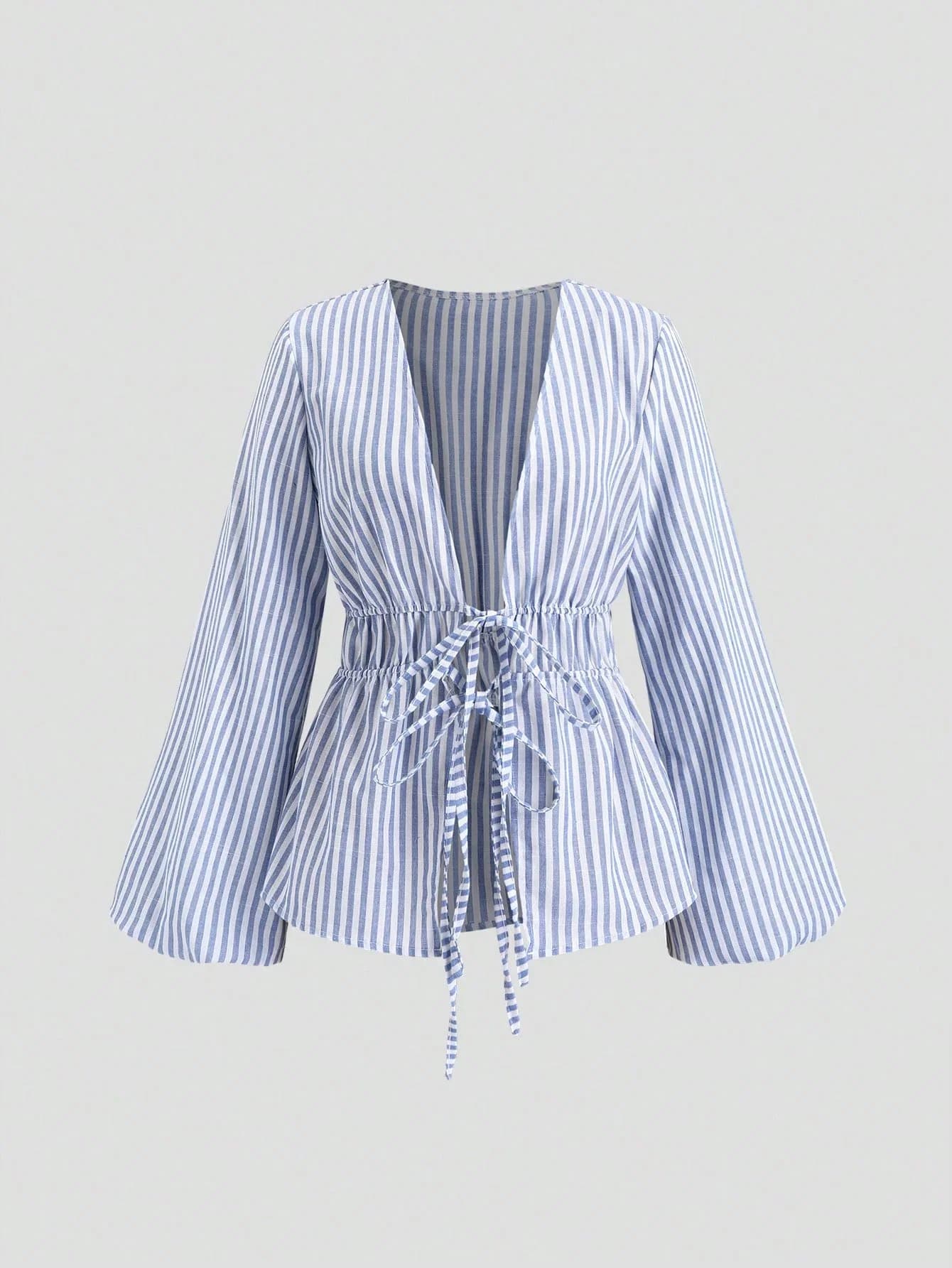 Camicia a righe nuovo stile autunno pop con temperamento europeo e americano, camicia con lacci a maniche lunghe, cardigan, Wo transfrontaliero