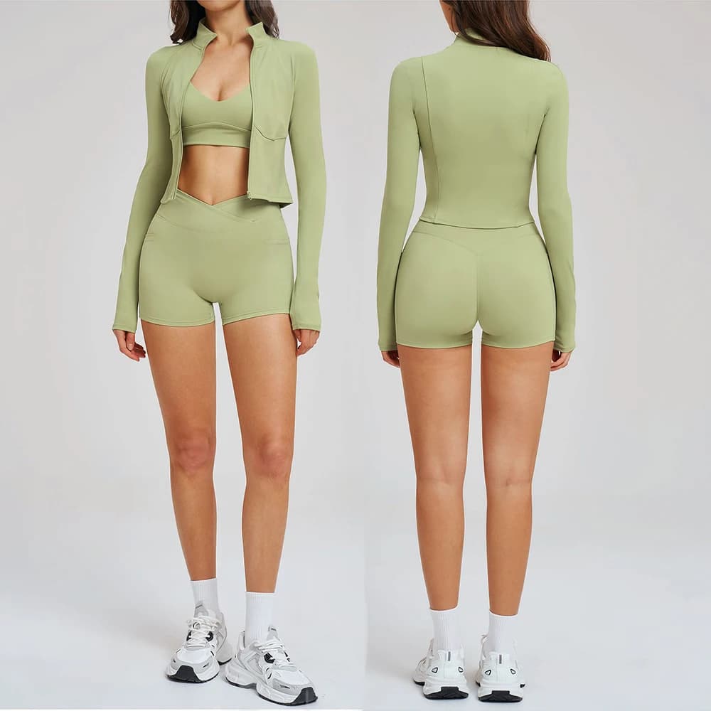 Yoga set 3 pieces, sporty tops with zipper, sports underwear, cycling shorts, gym workout, ride, push-up, stylish fitness set.