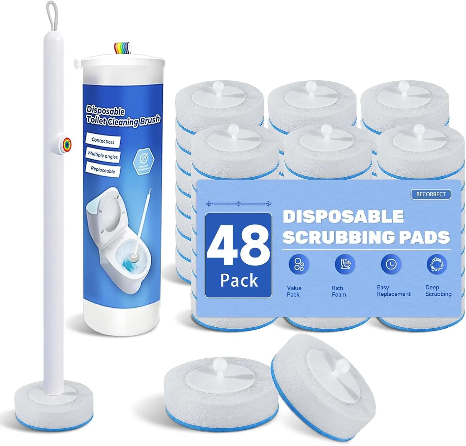 Disposable Toilet Brush with 48 Refills and Replaceable Scrubber Heads, Toilet Bowl Cleaner Wand and Wall-Mounted Holder, Space