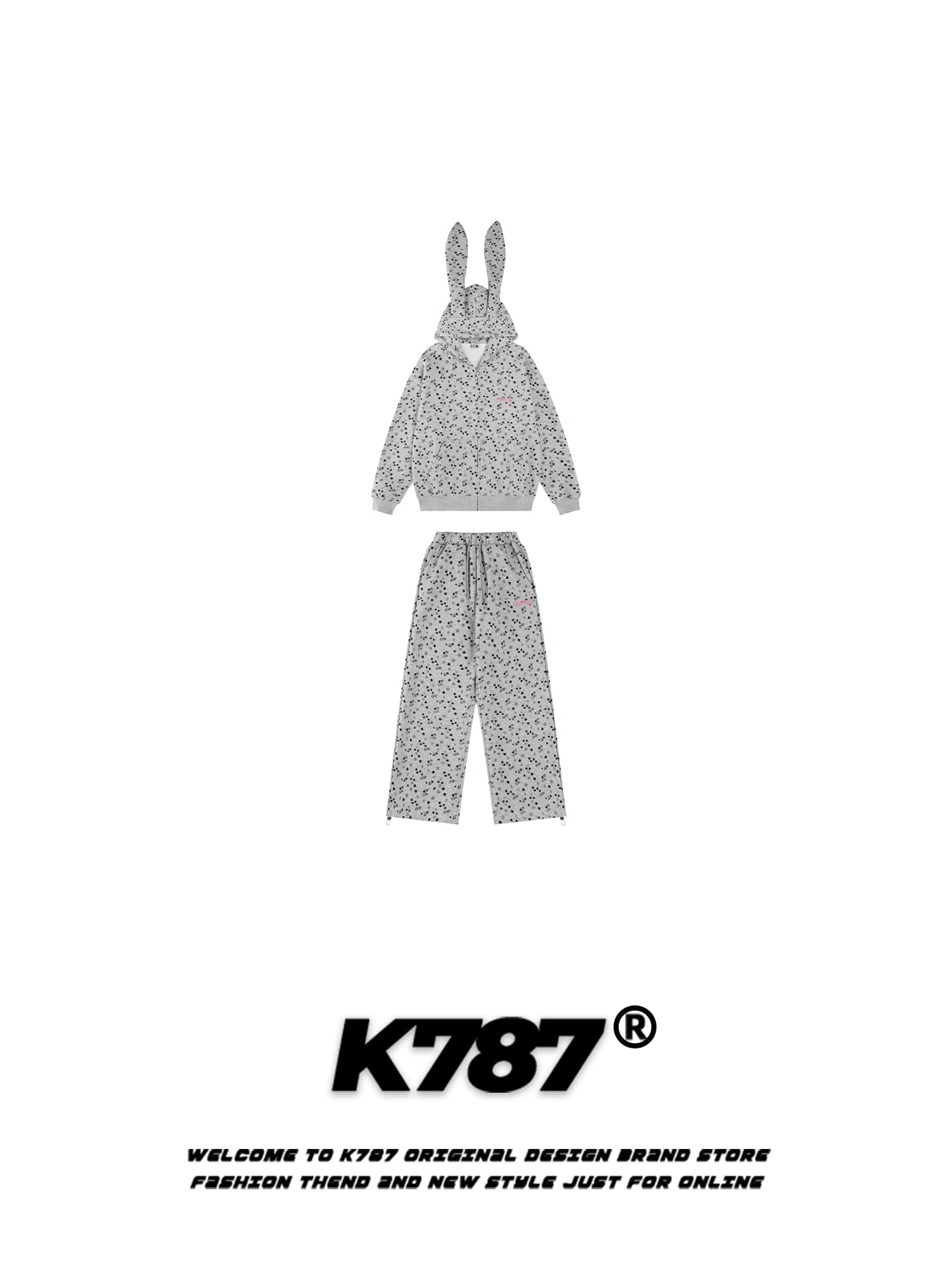K787 Set Due Pezzi Stile Americano da Donna: Giacca con Cappuccio e Stampa Orecchie di Coniglio, Pantaloni a Vita Alta e Gamba Dritta, Abbigliamento Casual
