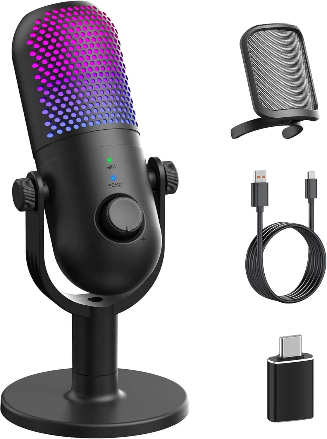 Microfono USB per Gaming su PC: Microfono a Condensatore RGB per Gamer con Supporto - Microfono per Registrazione per Computer e Laptop