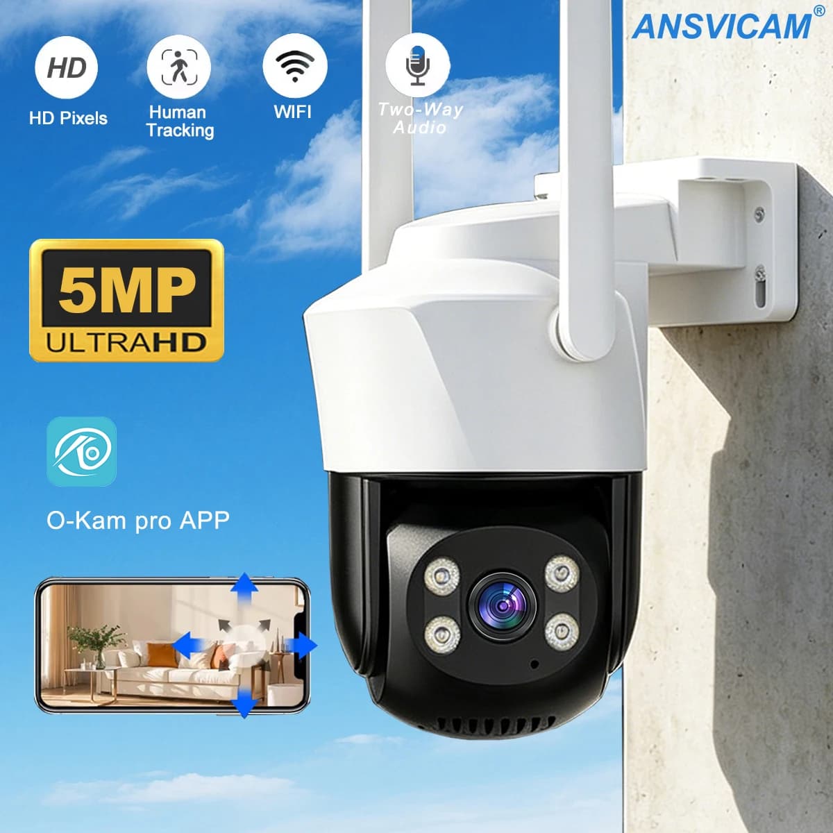 Telecamera di Sicurezza PTZ da Esterno 5MP 1080P WiFi IP con Rilevamento Umano AI, Visione Notturna a Colori e Audio Bidirezionale, Impermeabile IP66