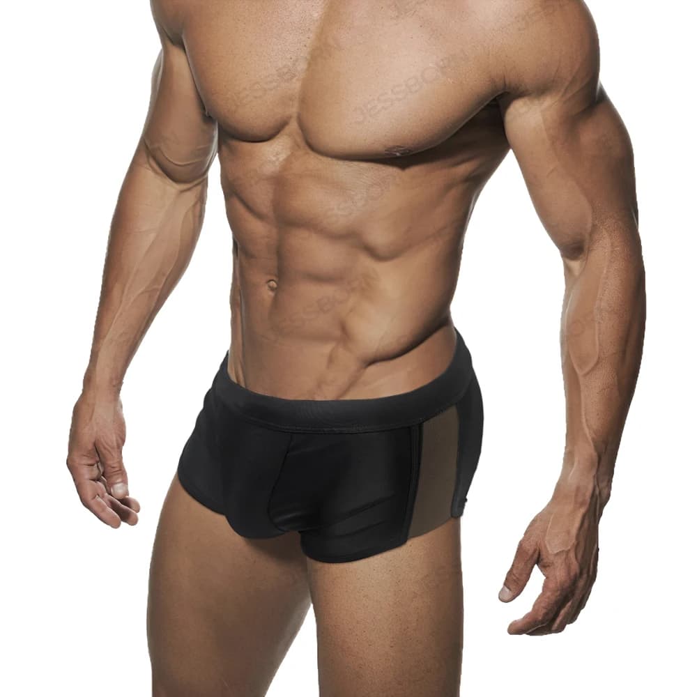 Sexy Men's Swimwear Solid Nylon Swimming Pool Swimwear Men's Swimwear with Side Mesh Design Sports Surf Shorts from Fast Drying Beach
