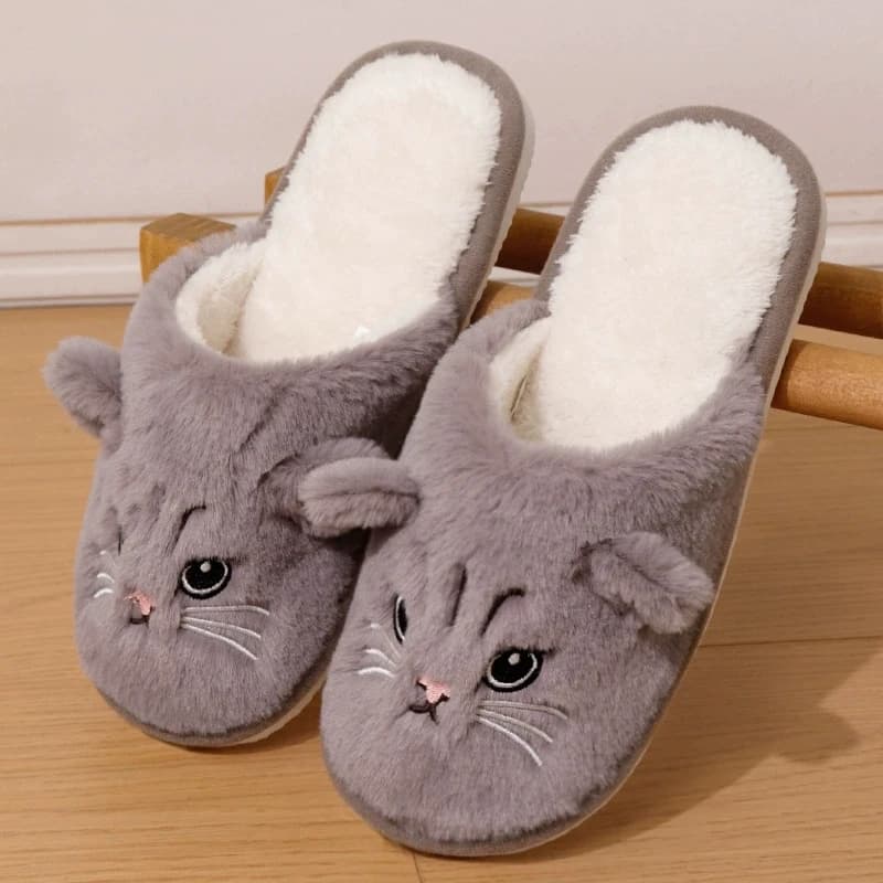 Women's Animated Cartoon Cats Slippers Cotton Slippers with Soft Bottom and Flat Heel Women's Hot Winter Shoes Non-slip