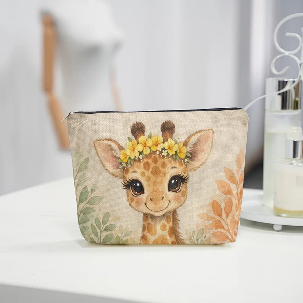 Borsa per il trucco con motivo simpatico giraffa e girasole, 1 pezzo - Pochette multifunzionale con cerniera per donna, borsa porta gioielli, organizer da viaggio perfetto con cerniera, divertente regalo di compleanno