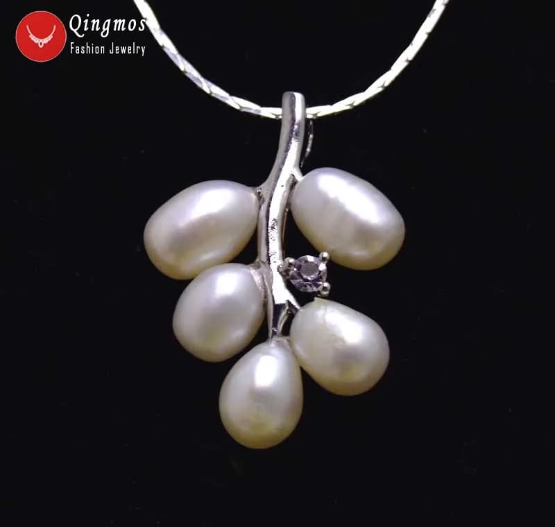 Qingmos Collana con ciondolo di perle bianche d'uva 18 * 25mm per donna con collana di perle di riso naturali da 6 mm Girocolli a catena da 17 "