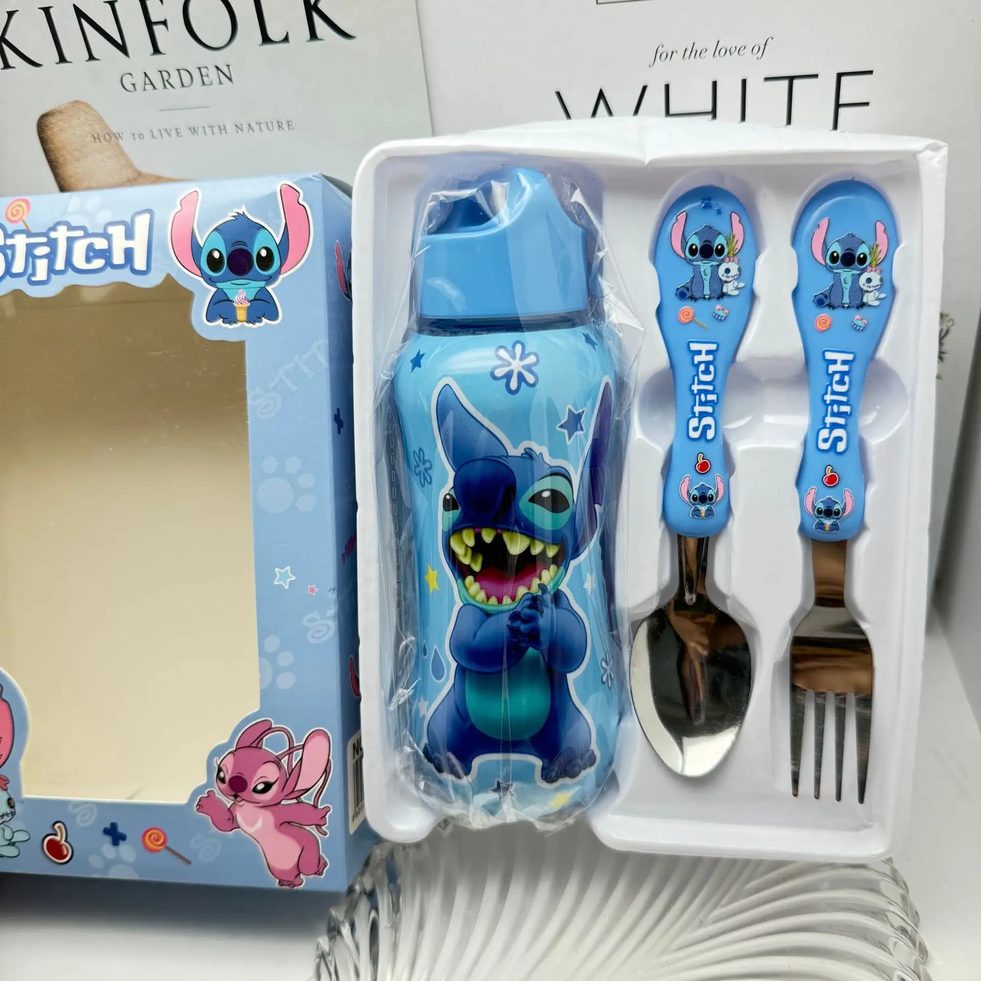 Disney Stitch Mcqueen 95 Set of Water Bottles for Cars Cute Animated Carton for Kids Crib Fork Water Mug Children Outdoor Portable Cutters Gift