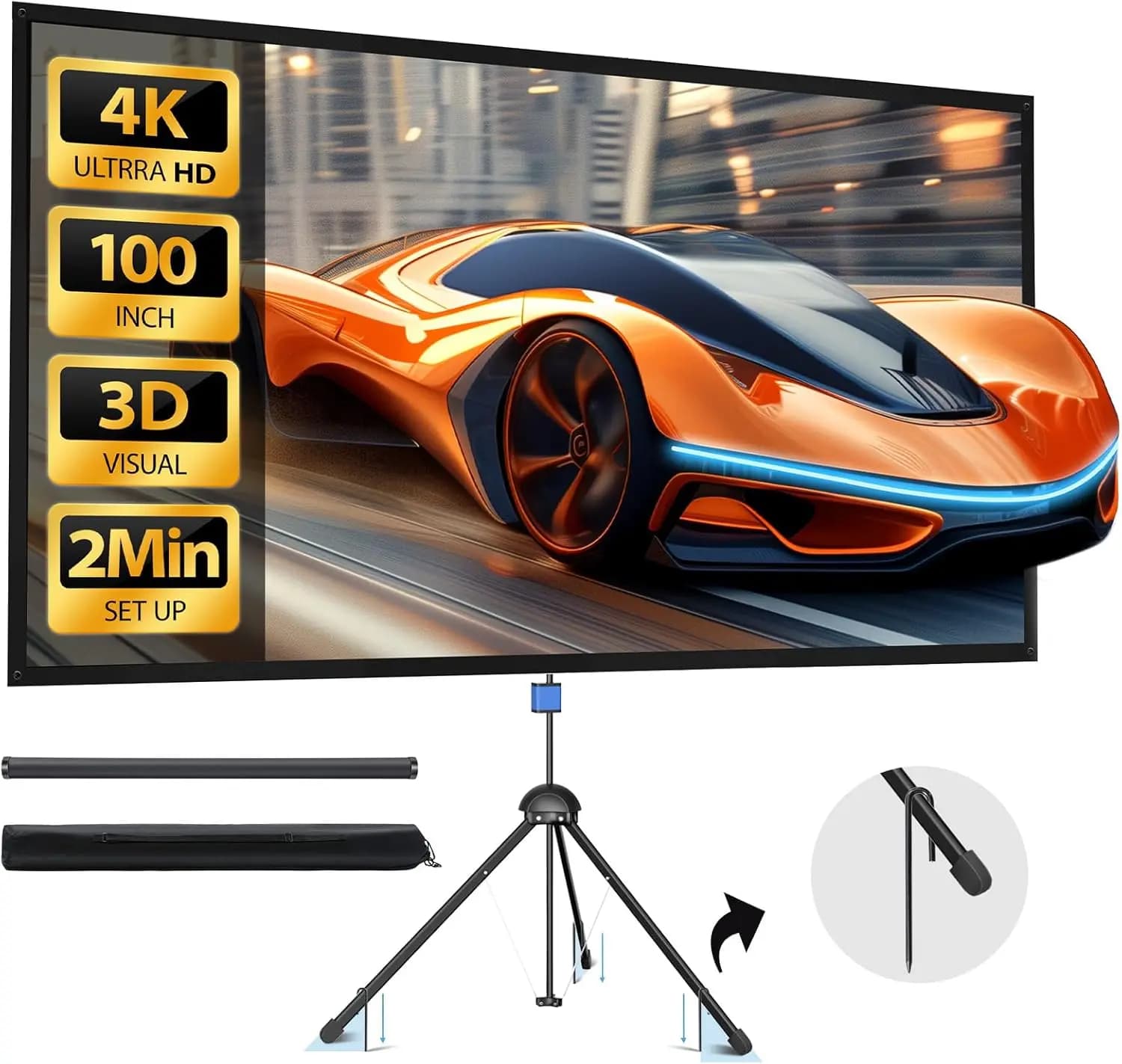 Schermo per Proiettore da 100 Pollici per Interni/Esterni con Supporto, PVC 4K HD, Guadagno 1.5 per Home Theater e Montaggio a Parete, Borsa per il Trasporto Inclusa