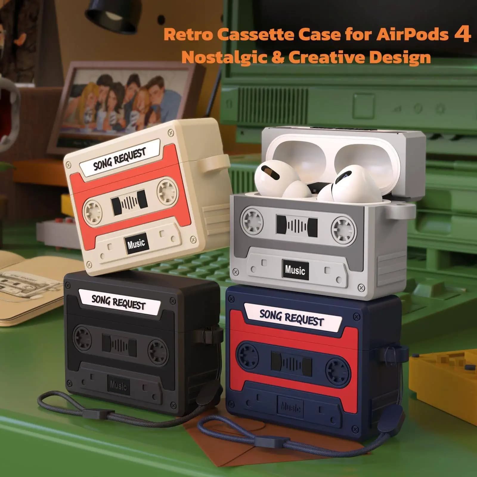 Designer Retro Case For AirPods 4 Portable Soft Silicone Protective Cover With Lanyard Shockproof Protector Shell For Air Pods 4