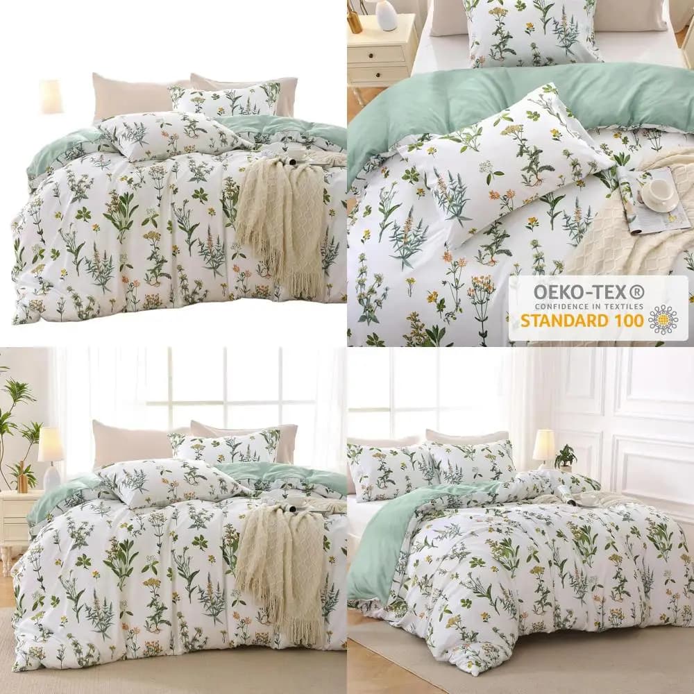 Green Floral Reversible Cover Set for Queen Bed with Hinge, Set Bed Linen in Microfiber 3 Pieces with 2 Loyal