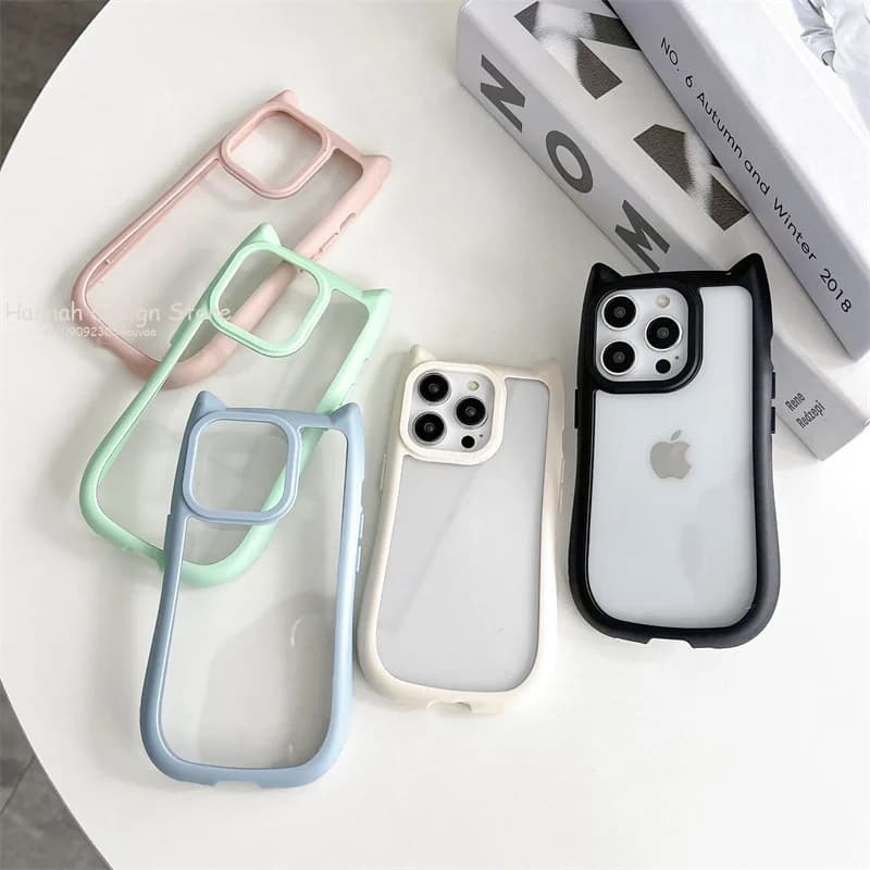 Custodia per telefono con orecchio di gatto carino in silicone morbido per iPhone 15 14 13 12 11 Pro Max Cover posteriore con paraurti acrilico rigido antiurto trasparente