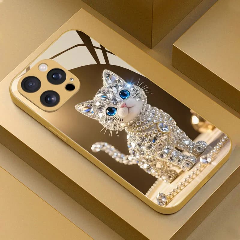 Diamond kitten pattern electroplated glass phone case, suitable for iPhone 17/16/15/14/13/12/11 and other models.