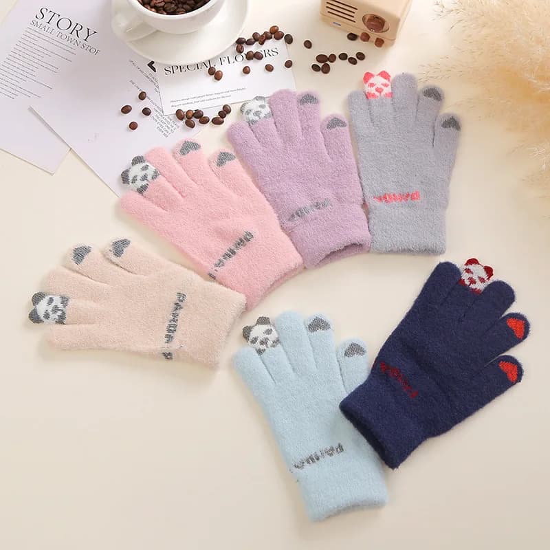 Cartoon Panda Cycling Gloves Winter Windproof Thickened Plush Gloves for Men and Women Cycling Riding Hiking Travel Mittens