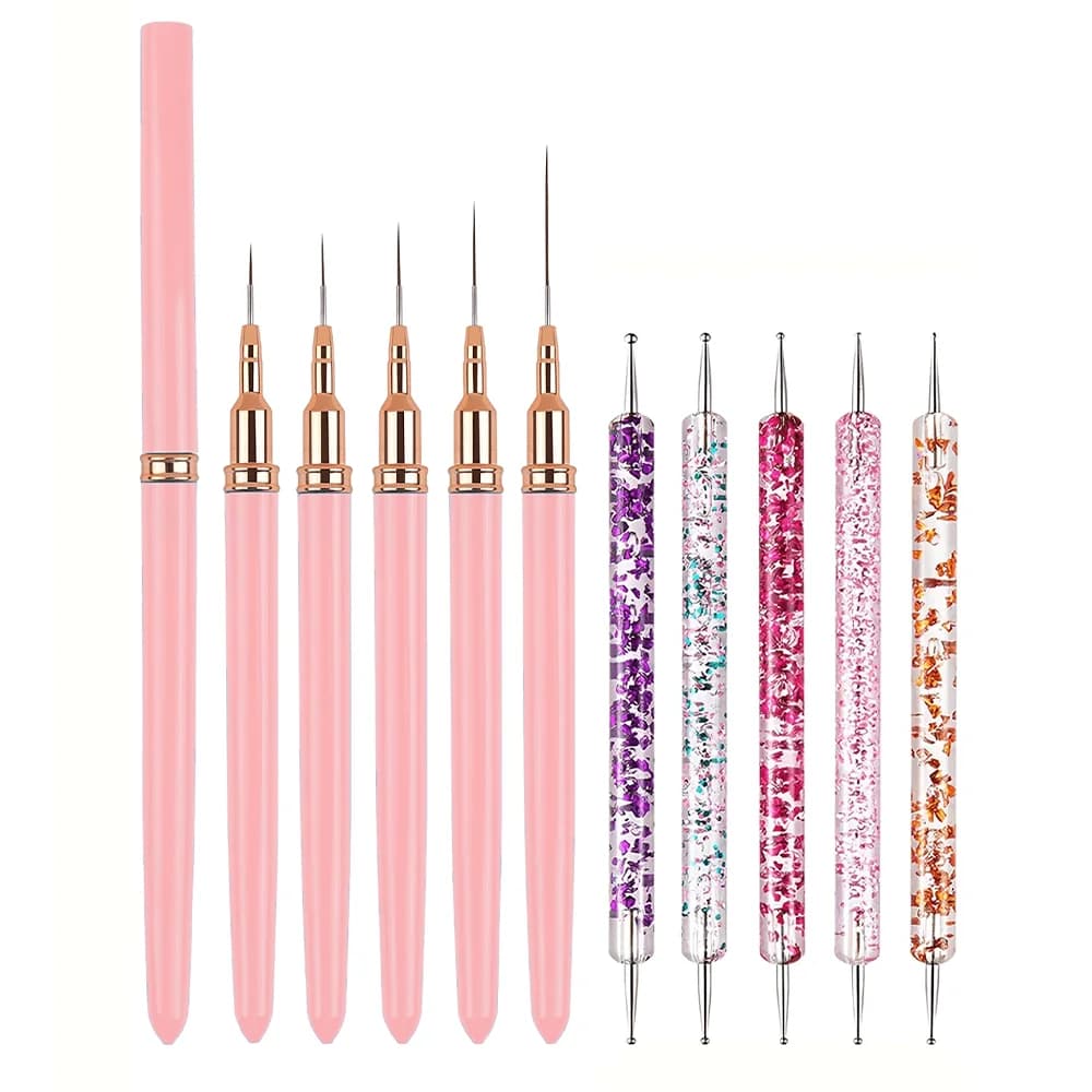 10Pcs Nail Art Liner Brushes and Dotting Pen Set UV Gel Nail Brushes for French Nail Lines Decorations Professional Nail Tools