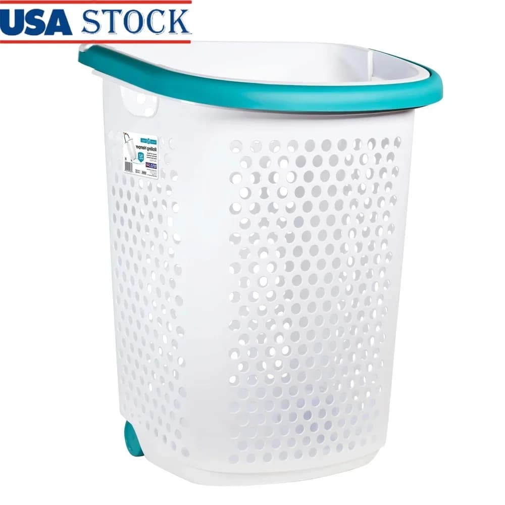 Wooden basket with wheels and plastic pop-up handle, 2 basket with wheels, mobile holder for adults, ideal garage for university house
