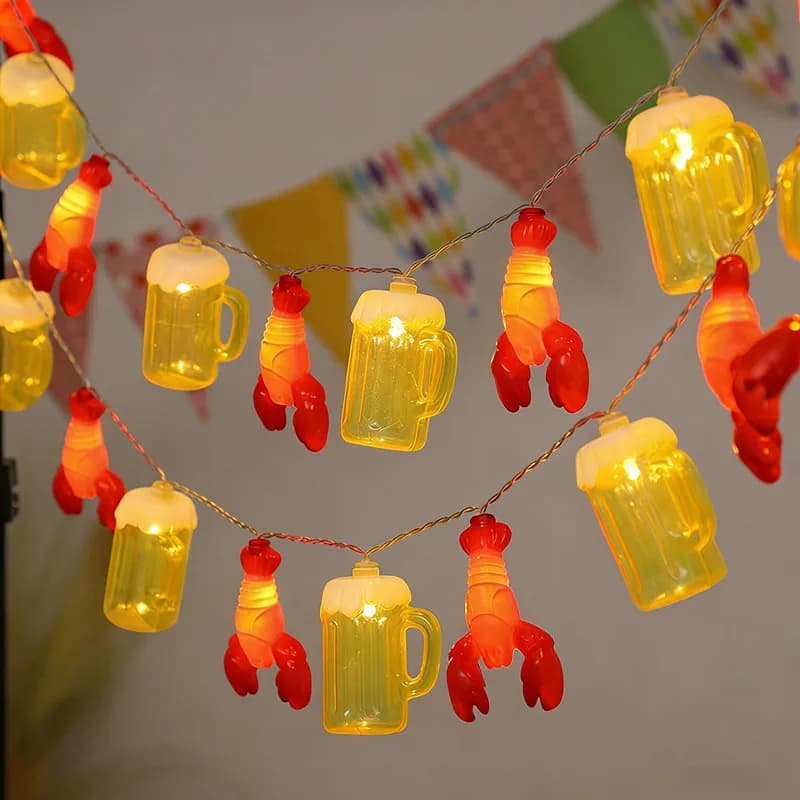 Luci a corda a forma di boccale di birra e aragosta, luci fatate a LED, luci decorative per feste estive, vacanze, campeggio e decorazioni per la casa