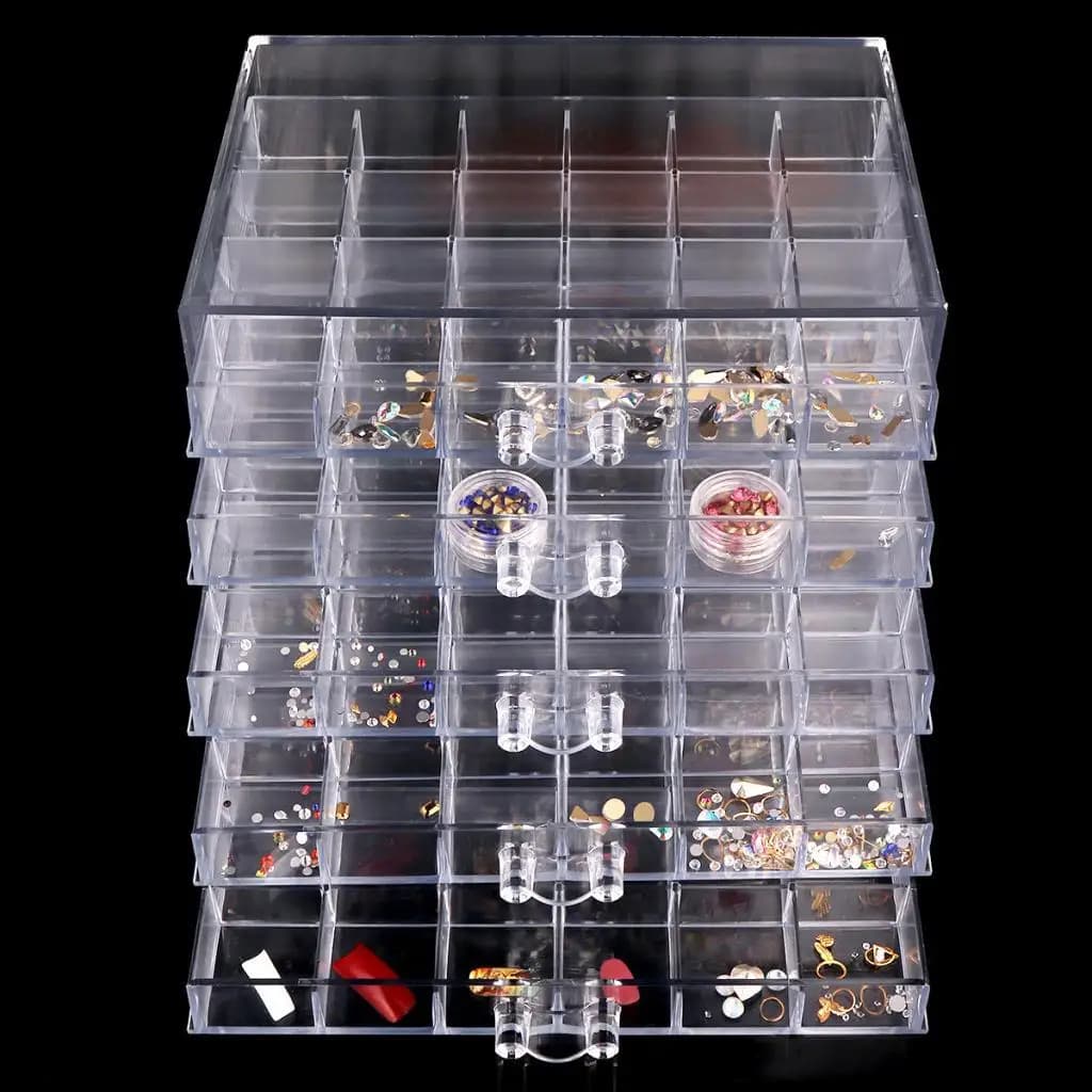 Vassoio Trasparente per Esposizione Strumenti Nail Art, Scatola Contenitore a 120 Scomparti per Materiali Unghie, Adesivi, Accessori Manicure e Ornamenti
