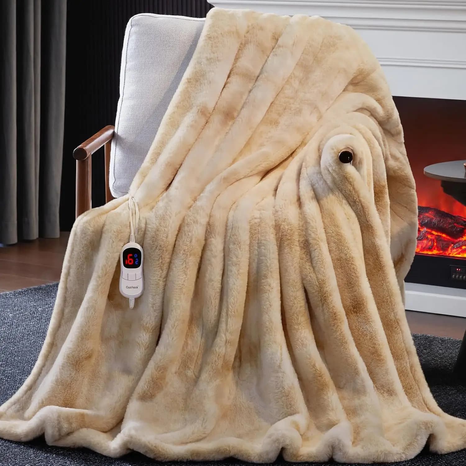 Morbida coperta elettrica in morbida pelliccia di coniglio con 10 livelli di riscaldamento, timer, spegnimento automatico, lavabile in lavatrice (50"x60" Beige)