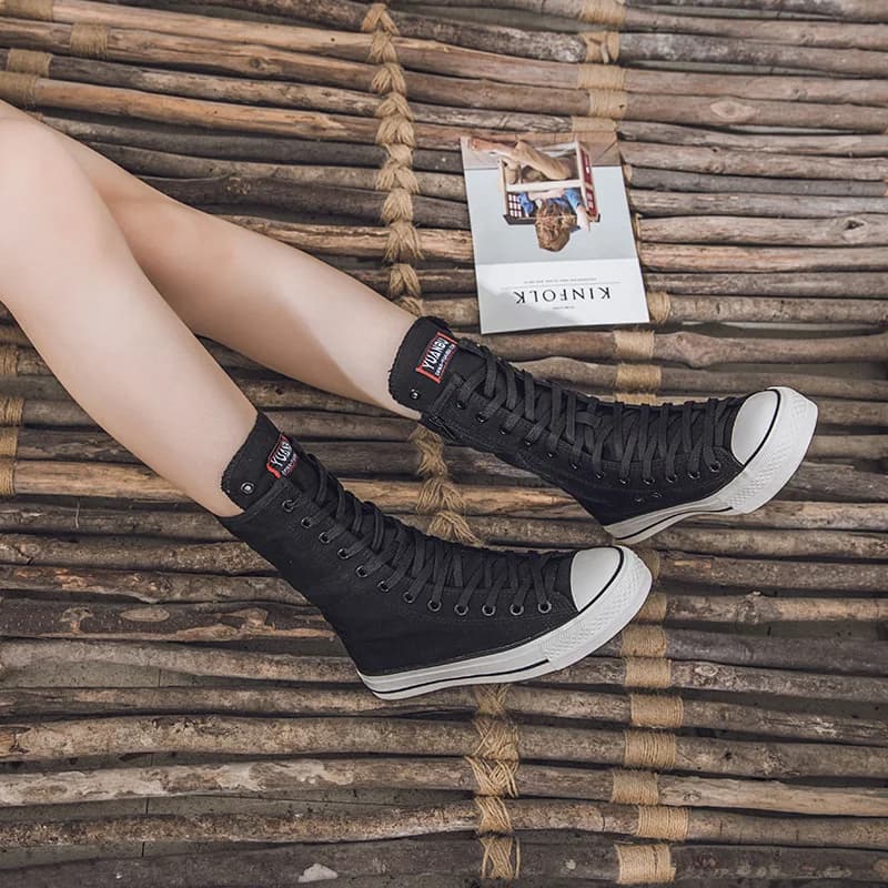 Taglia 34-43 Scarpe da donna Scarpe alte casual in tela Stivali lunghi Cerniera con lacci Comodi stivali piatti Sneakers Tenis De Mujer