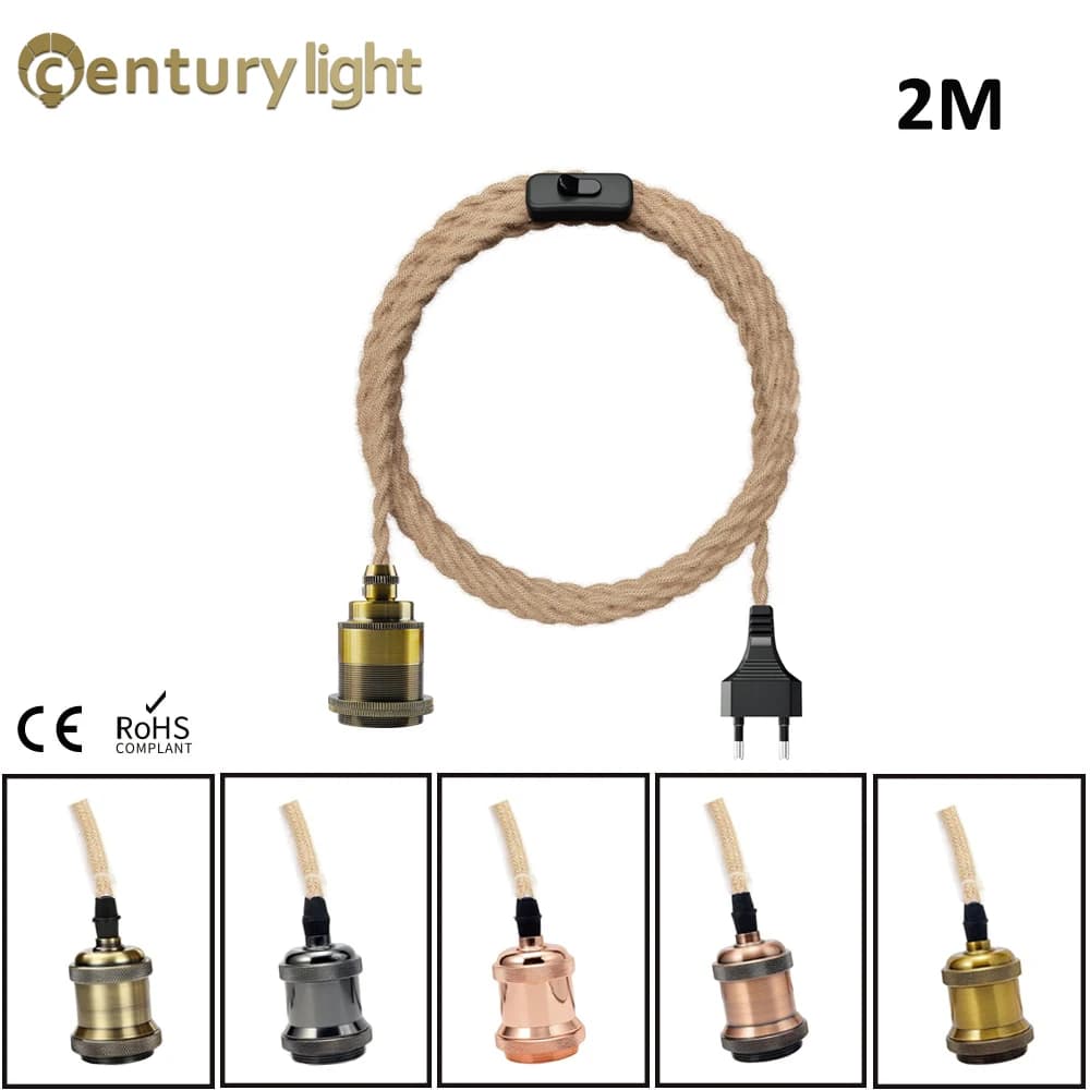 2M 3M Power Cable Suspension Lamp Cable Torsion Cables in Hemp Corda E26 E27 EU Plug Portalampada with Switch Filo Edison Lampadina socket