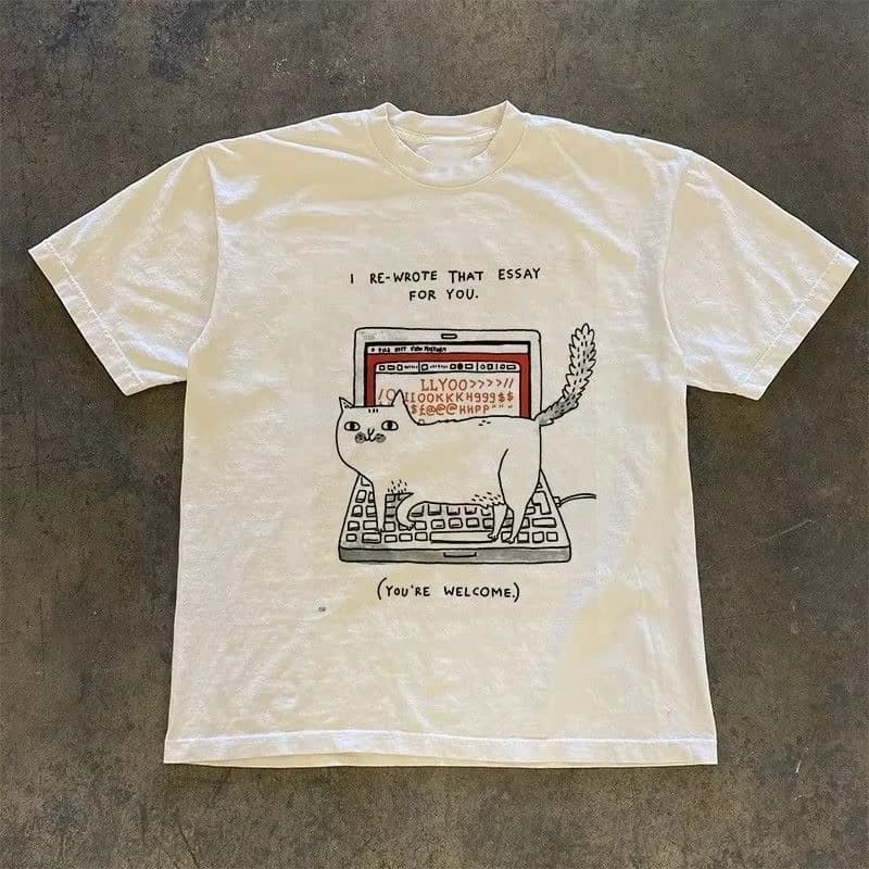 2026 Funny Cat Laptop Hand-drawn Print Short Sleeve Tee Loose Fit Casual Humor Pet Top Wear For Student Daily Outfits