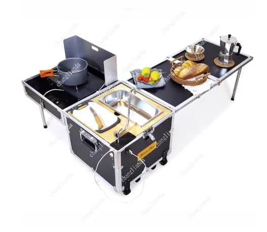 Cucina mobile da esterno multifunzione con piccolo box cucina, fornello da campeggio, tavolo pieghevole per picnic e auto.