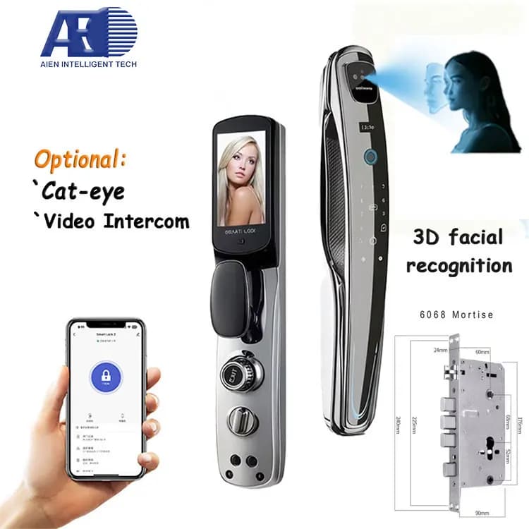 Serratura Intelligente con Riconoscimento Facciale 3D, Impronta Digitale, Biometrica, Automatica, Wi-Fi Tuya, per Porte in Legno, in Lega di Zinco