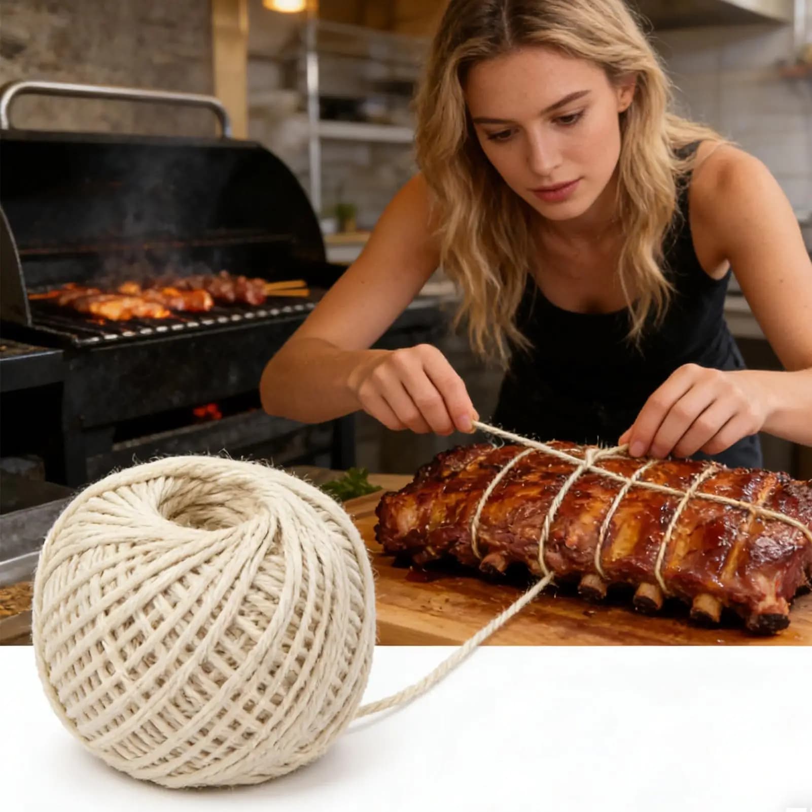 1 Rotolo di Filo di Cotone da 85m per Macellaio, Attrezzi da Cucina, Preparazione Carne, Legatura Tacchino, Barbecue, Corda per Insaccati