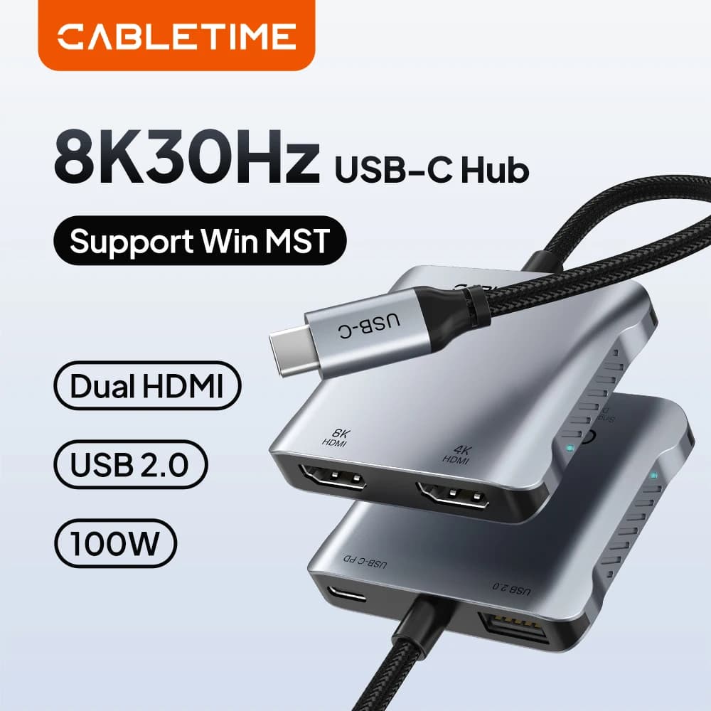 Adattatore CABLETIME da USB C a HDMI, PD 100W, MST 4K 8K, Convertitore per Monitor HDMI Doppio, Display Triplo Compatibile con Windows e Mac Laptop