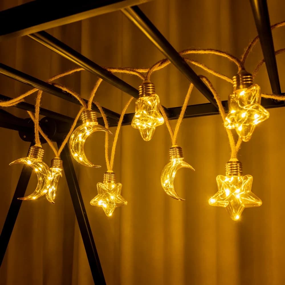 1PC 5M10LED Corda di canapa ad energia solare Stella e luna Luci della stringa LED Fata luminosa, utilizzata per Ramadan Patio Garden Home Party Eid Decor