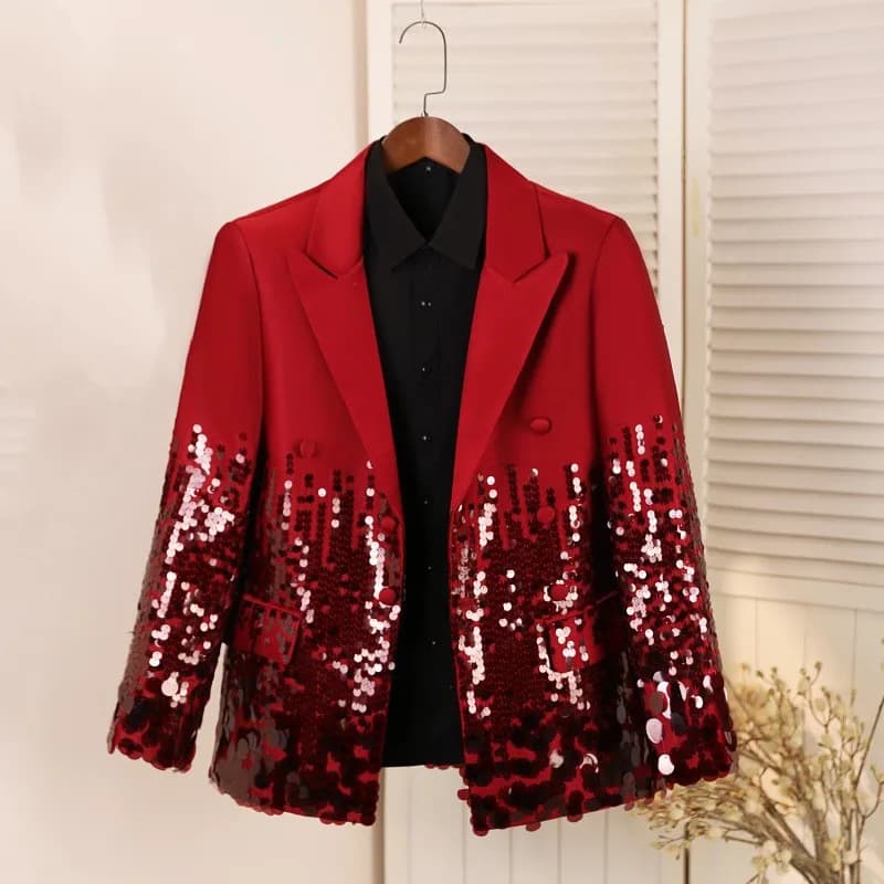 Glitter Wine Red Sequin Men's Casual Blazer Suit Jacket One Button Male Singer Bar Concert Tuxedo Party Stage Performance Tuxedo