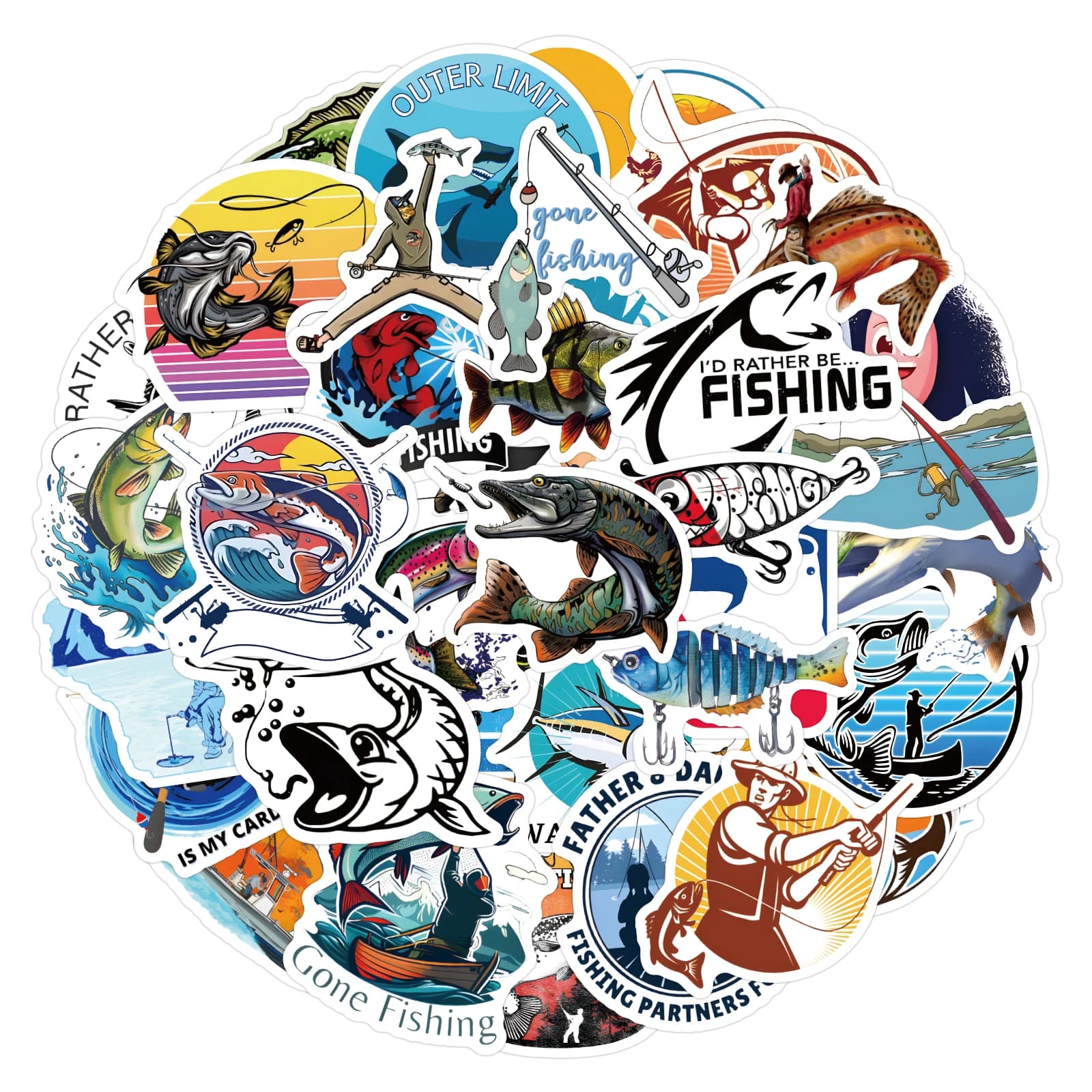 10/30/60pcs/Pack Fishing Stickers Waterproof Skateboard Motorcycle Guitar Luggage Laptop Bicycle Sticker