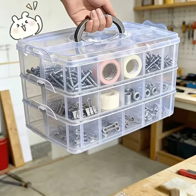 Three layer 18 grid transparent storage box with cover and handle, transparent tool storage box, suitable for classifying screws
