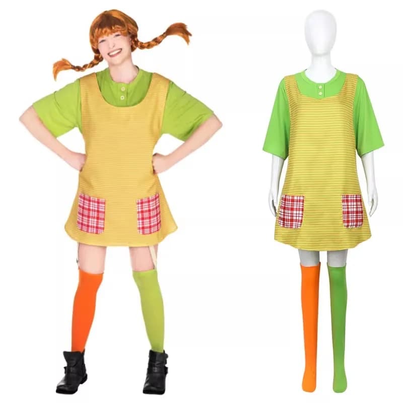 Costume Cosplay Piippi per Adulti, Abito Verde con Grembiule e Calzini, Set per Festa di Halloween e Book Week, Outfit per Ragazzi e Ragazze Cosshe PP