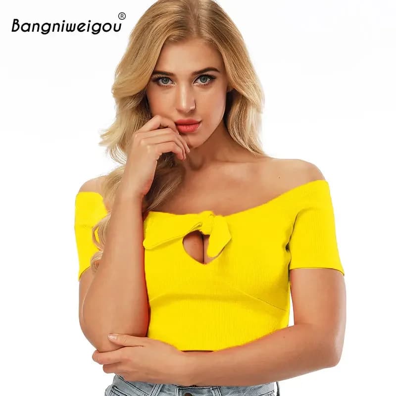 Bangniweigou Off Spalla di Estate Costola Maglia Crop Top Neon Giallo Bow Tie-up Fasciatura T Camicia S-XL Sexy Delle Donne cut-Out Solid Magliette