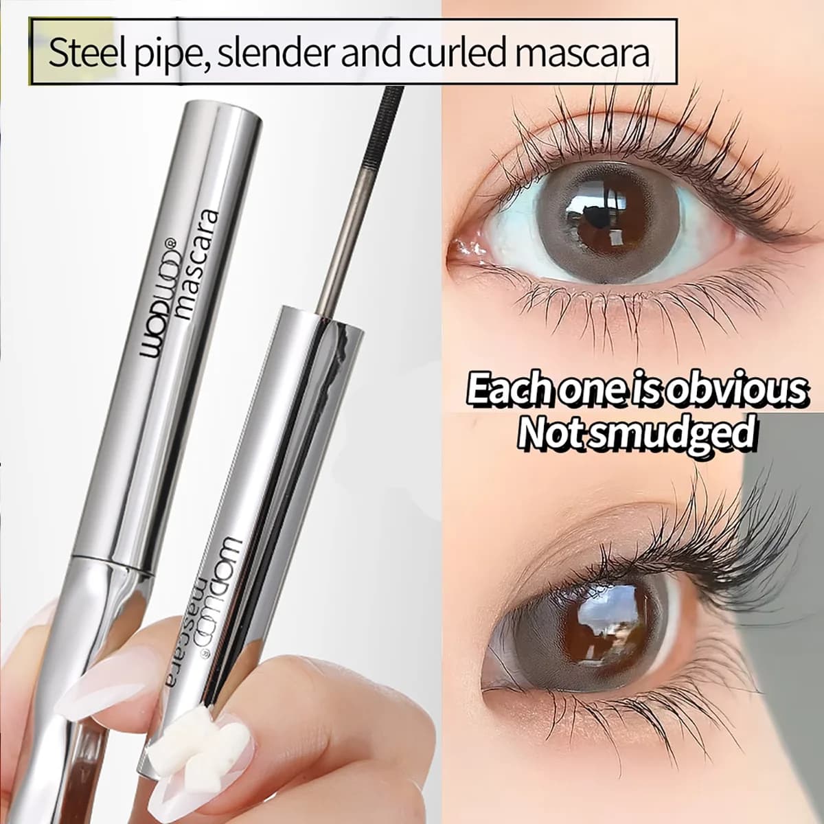 Mascara a lunga tenuta per ciglia incurvate, impermeabile e resistente al sudore, distingue ogni ciglia, voluminoso e denso, con tubo in acciaio.