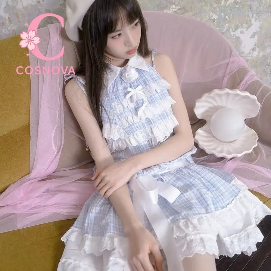 Abito Lolita Giapponese Dolce Azzurro a Quadretti con Pizzo Senza Maniche, Finto Due Pezzi, Gonna a Balze Stile Torta, Outfit Principessa Linea A