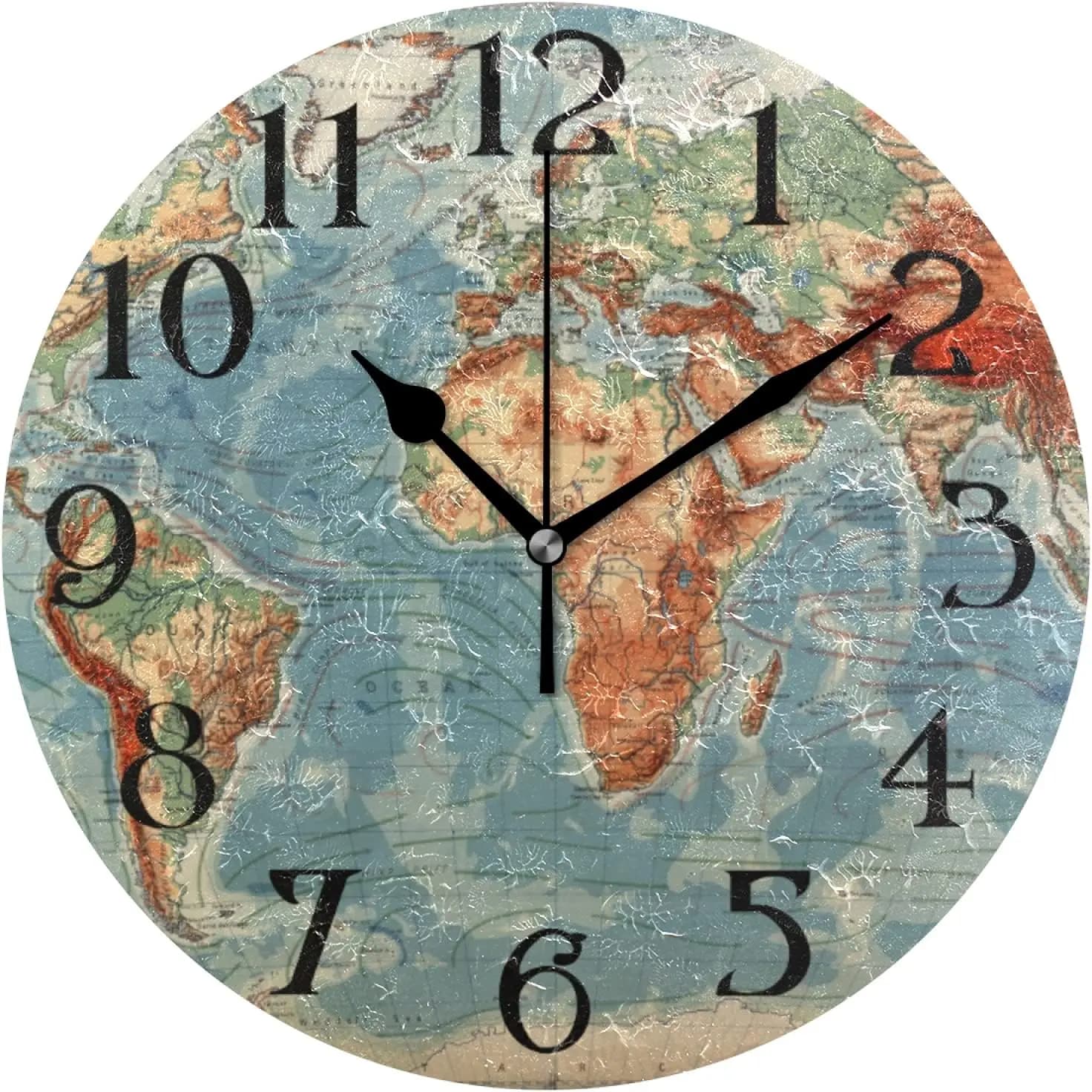 Clock with world map Wall clock with map World watch on drums silent decorative round clock without ticking 9.5 inch quartz analogue desk