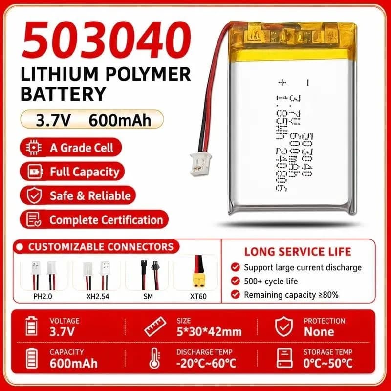 3pcs 503040 600mAh 3.7V Polymer Lithium Battery for Mite Remover Disinfection Box Video Doorbell Replacement Power Cell