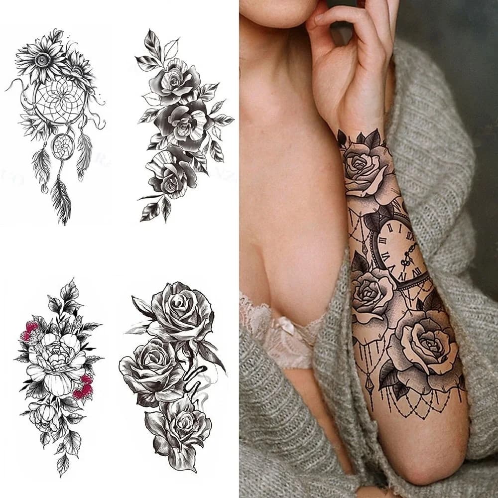 Realistic temporary tattoos with black pink flowers Faux waterproof tattoos Body Art Arm Floral Gamba Peonia Bloosom Tattoo Stickers Makeup