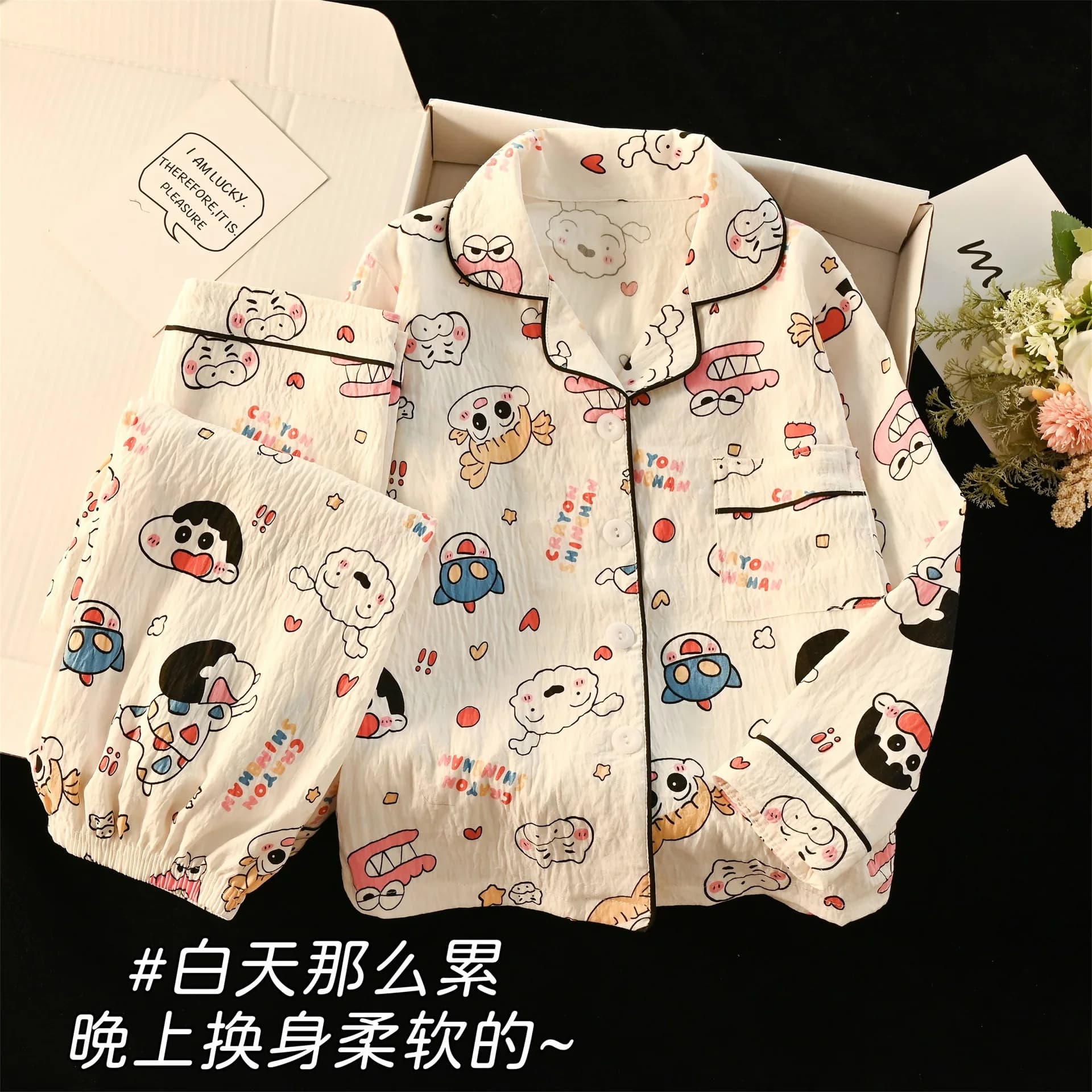 2 pezzi Crayon Shin-Chan Cartoon bambini pigiama Top pantaloni Anime Kawaii ragazze Pjs moda blu griglia risvolto a maniche lunghe Homewear